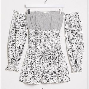 Off Shoulder Shirred Mini Dress White & Black mini Polka Dots